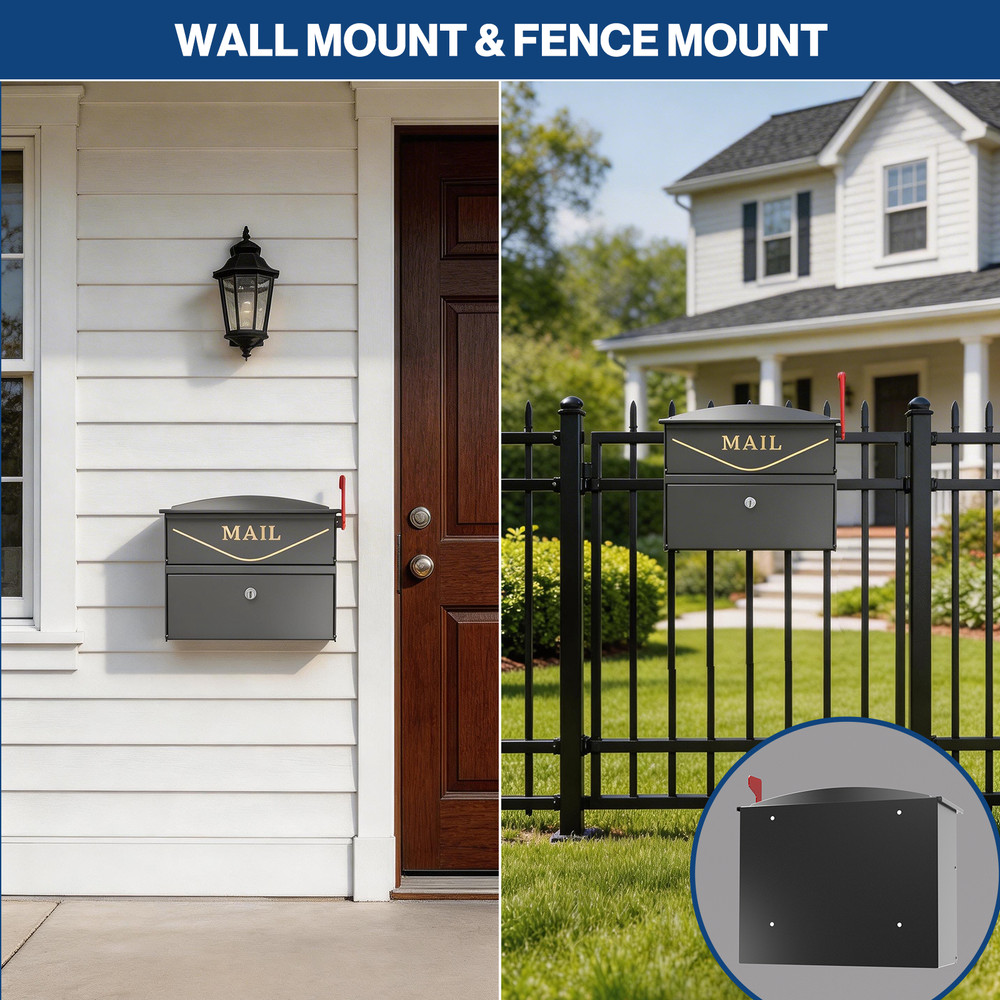 Rainproof Wall Mount Mailbox for Outside, Locking Mailbox w/ Outgoing Flag,Black