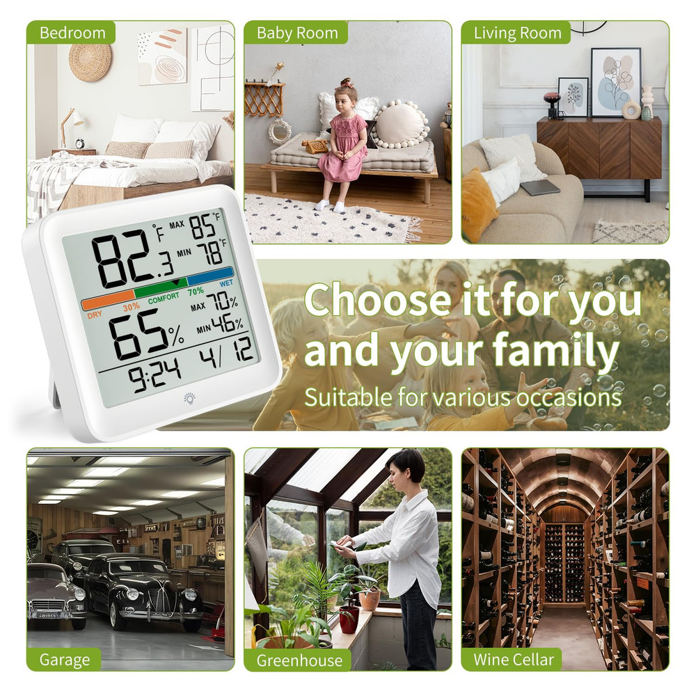 Accurate Indoor Thermometer & Hygrometer with Backlight, Time & Date Display
