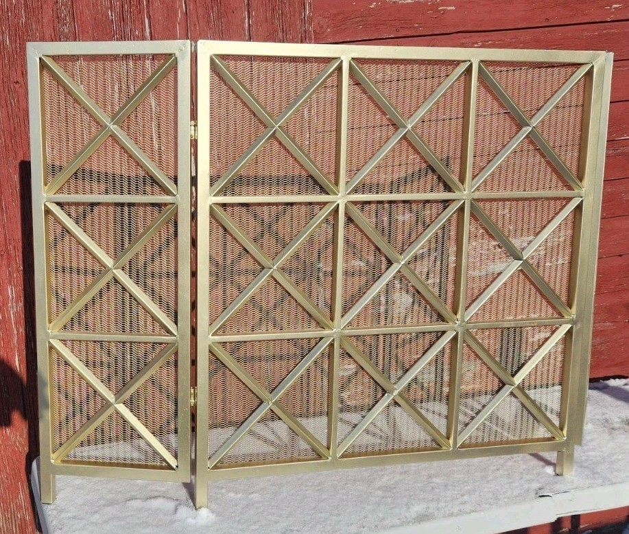 3 Panel Gold Iron Fireplace Screen Modern Lattice Mesh Folding Hearth Guard