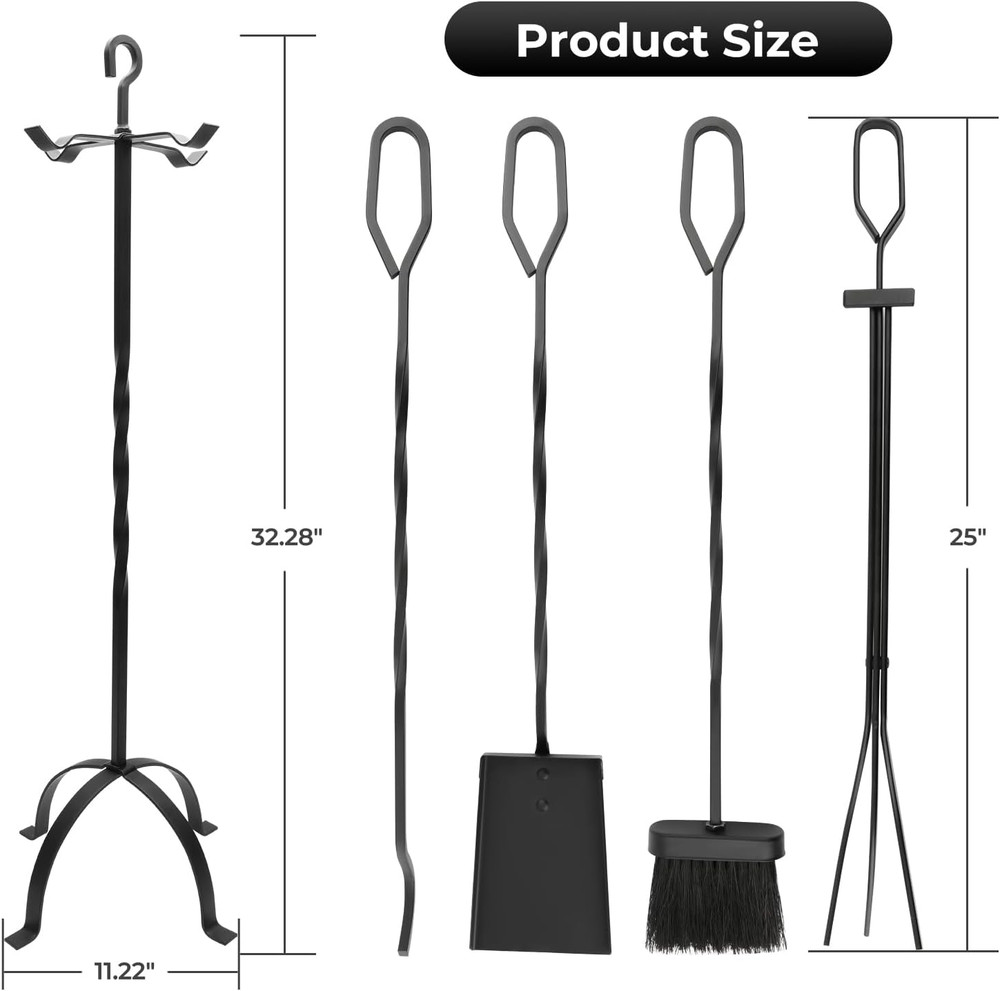 Fireplace Tools Set 5 Pieces - Lightweight Wrought Iron Fire Pit Accessories for