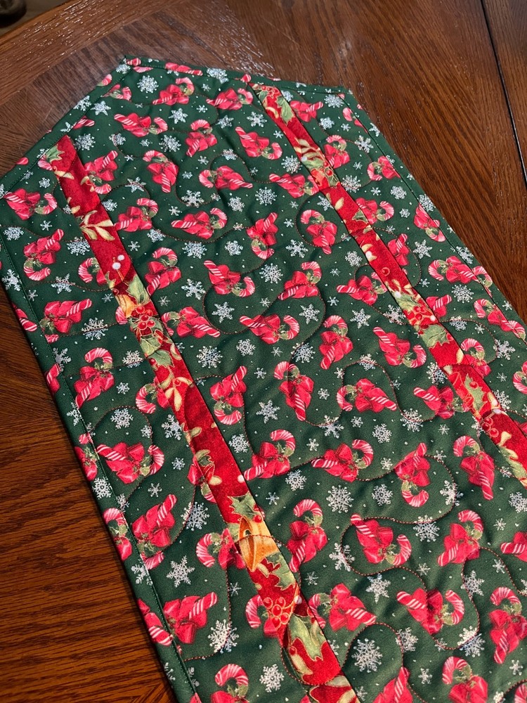 Handcrafted-Quilted Table Runner-Christmas Candy Canes/Silver Snowflakes RED