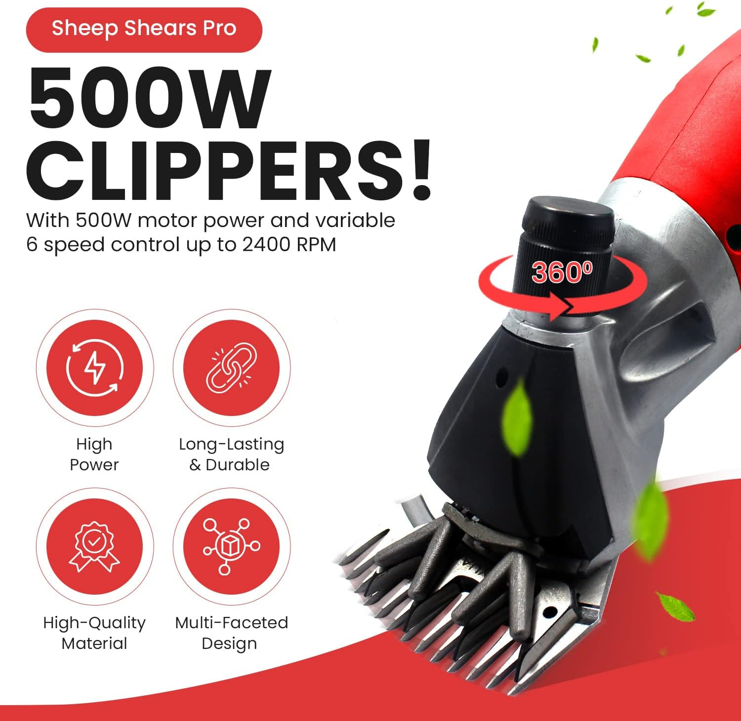 110V 500W Professional Heavy Duty Electric Shearing Clippers with 6 Speed, 2 Bla