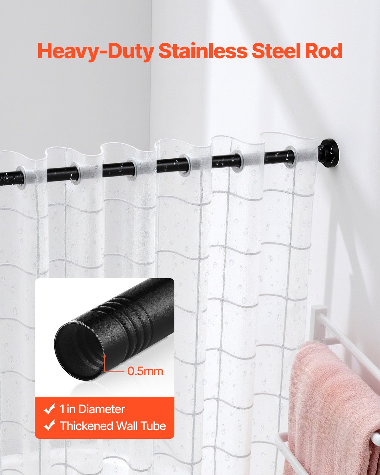 VEVOR Shower Curtain Rod Adjustable Tension Rod 28-76 in Stainless Steel Black
