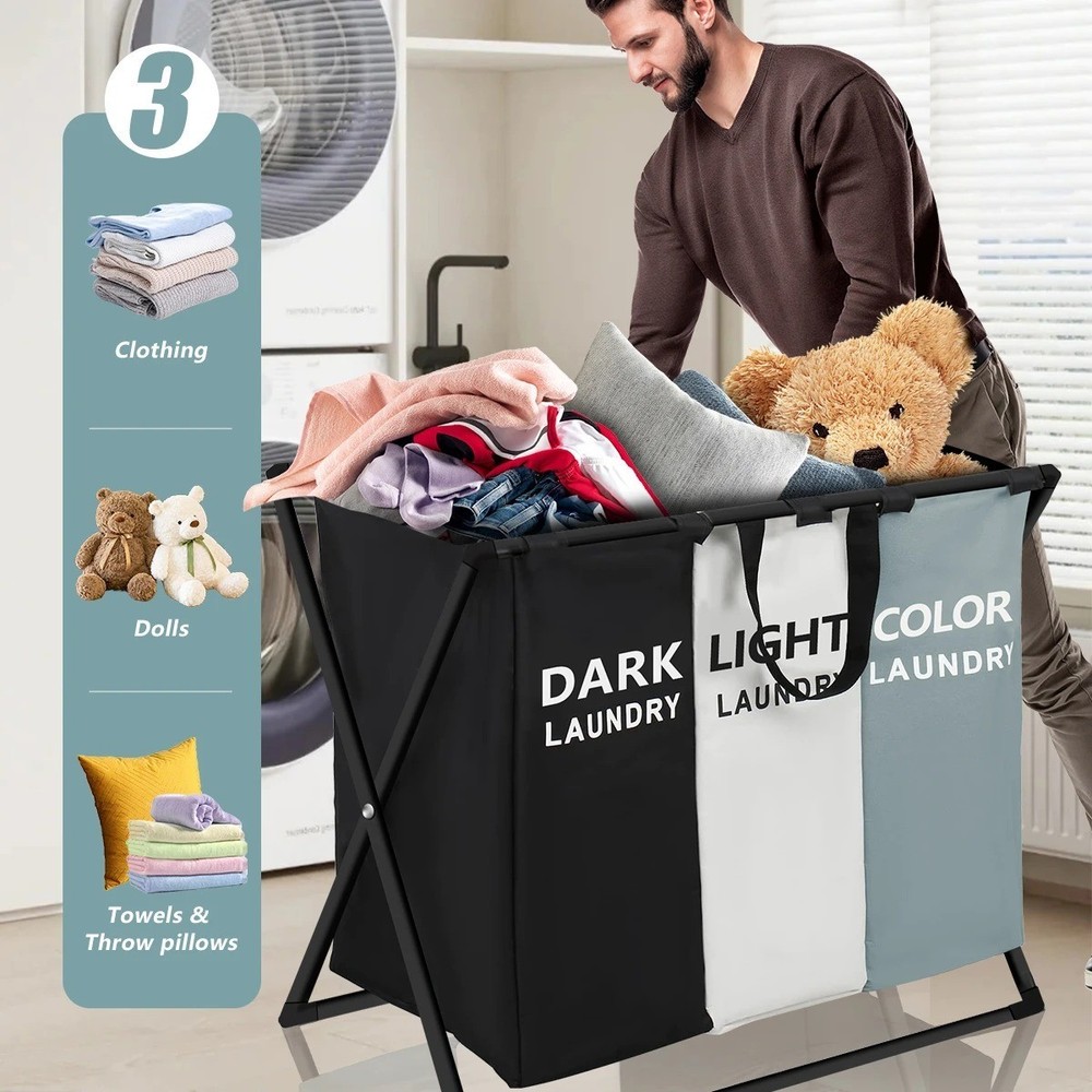 Foldable 3 Section Divided Large Laundry Hamper Basket for Dirty Clothes Storage
