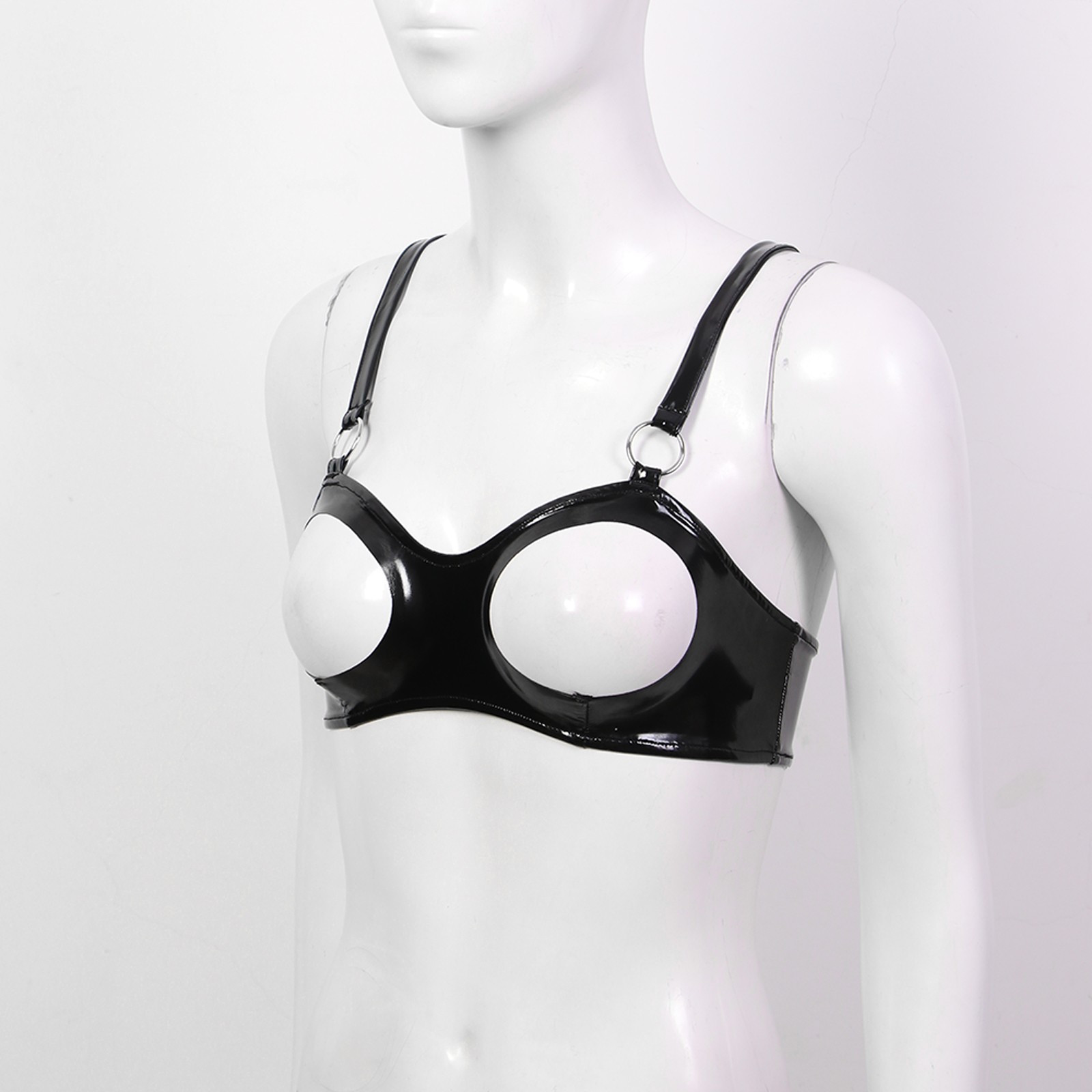 US Womens Sexy Open Nipple Patent Leather Bra Top with O Ring Bralette Lingerie