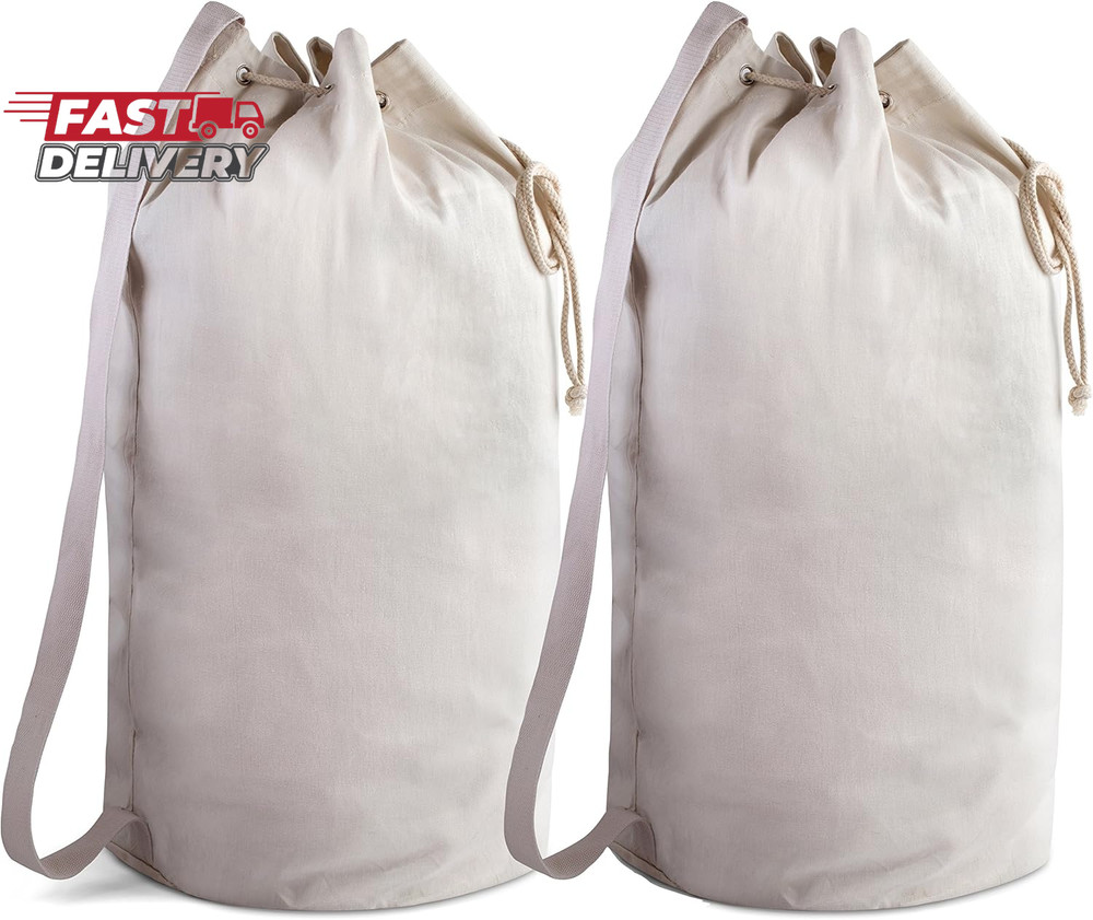 Handy Laundry Canvas Duffel Bag - Drawstring, Leather Closure, Shoulder Strap. (