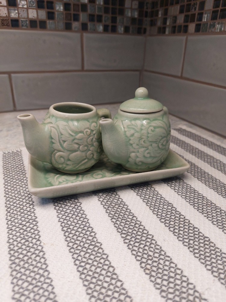 Celadon Green 3 Piece Ceramic Condiment Set *Missing One Lid*