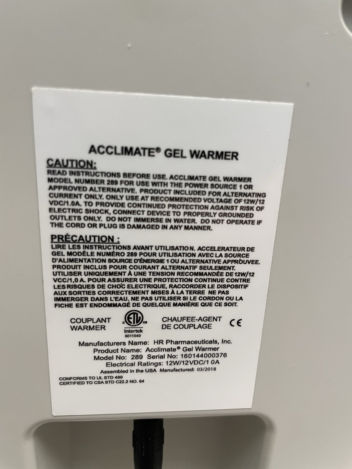 Acclimate Gel Warmer for EcoVue