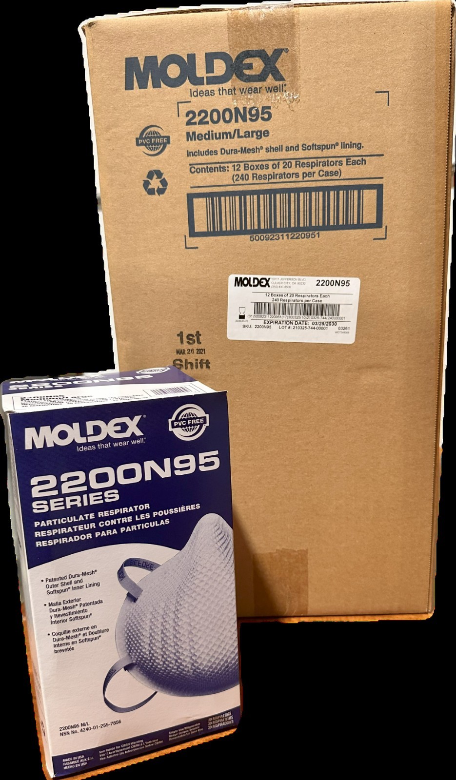Moldex 2200 N95 Particulate Respirator MD/LG Dust Particle Masks Case Of 240