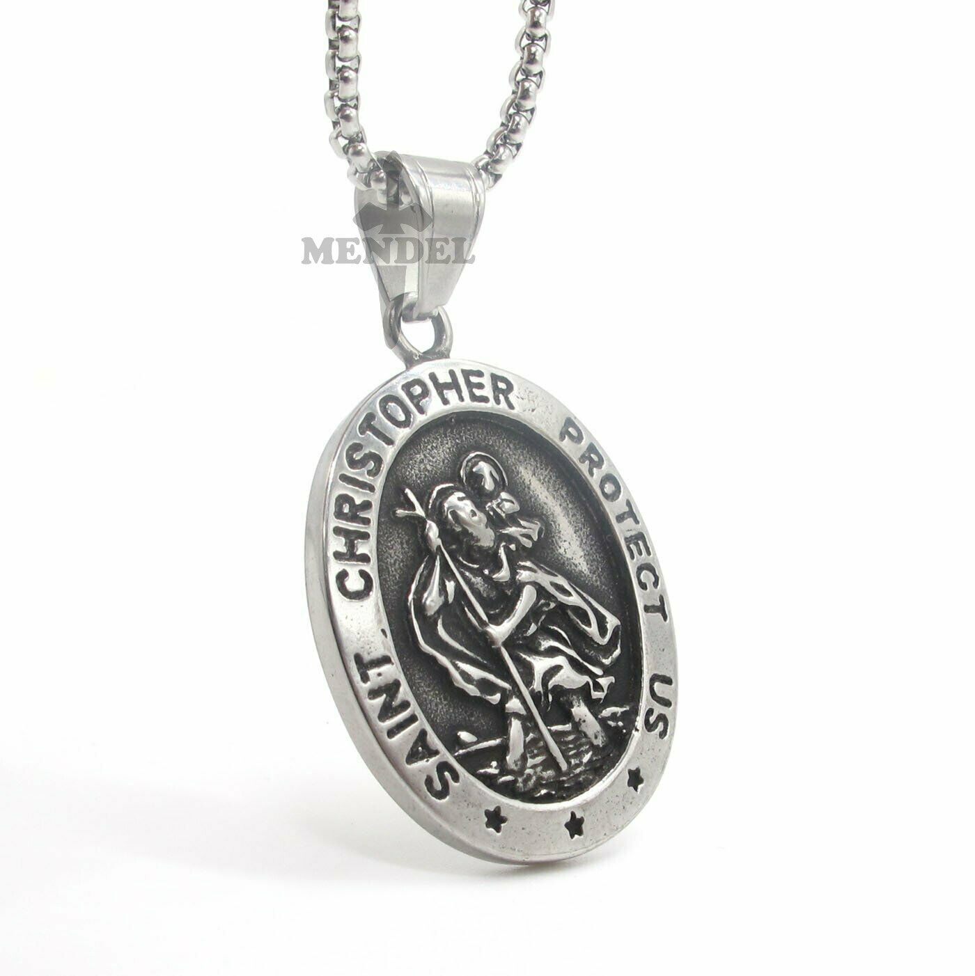 MENDEL Mens St Saint Christopher Medal Pendant Necklace Stainless Steel Amulet