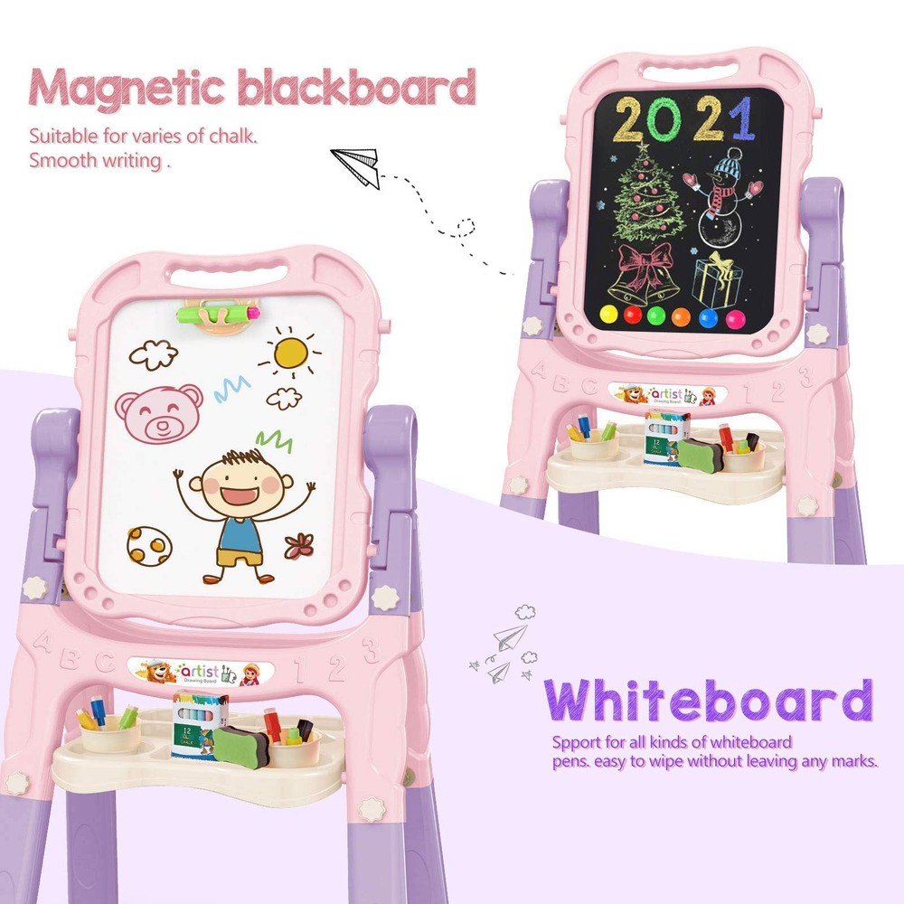 Mojitodon Art Easel for Kids, Adjustable Standing Rotatable Double Sided Pink