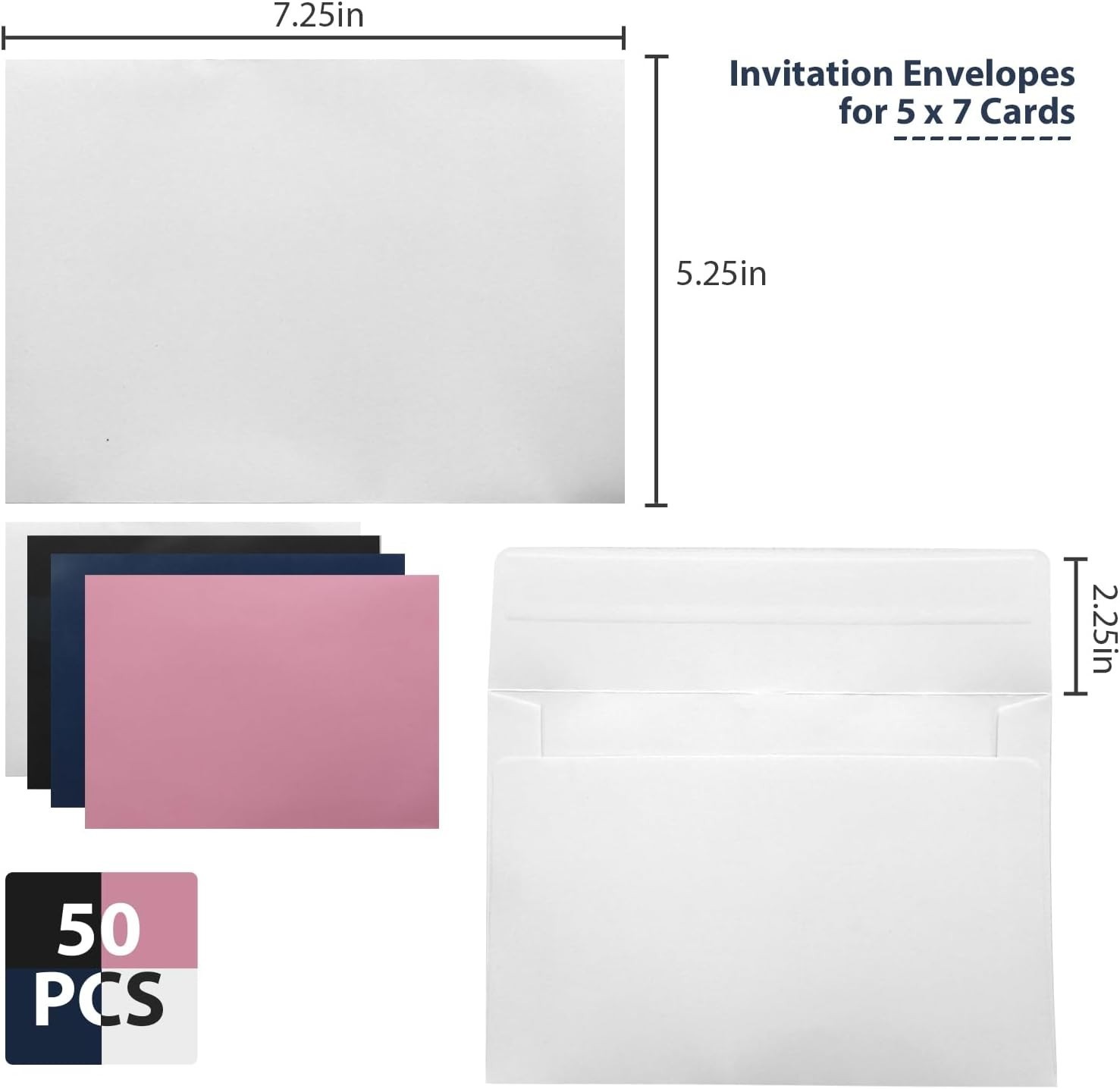 50 Pack White A7 & 5x7 Self-Sealing Envelopes for Invitations, Photos, Cards