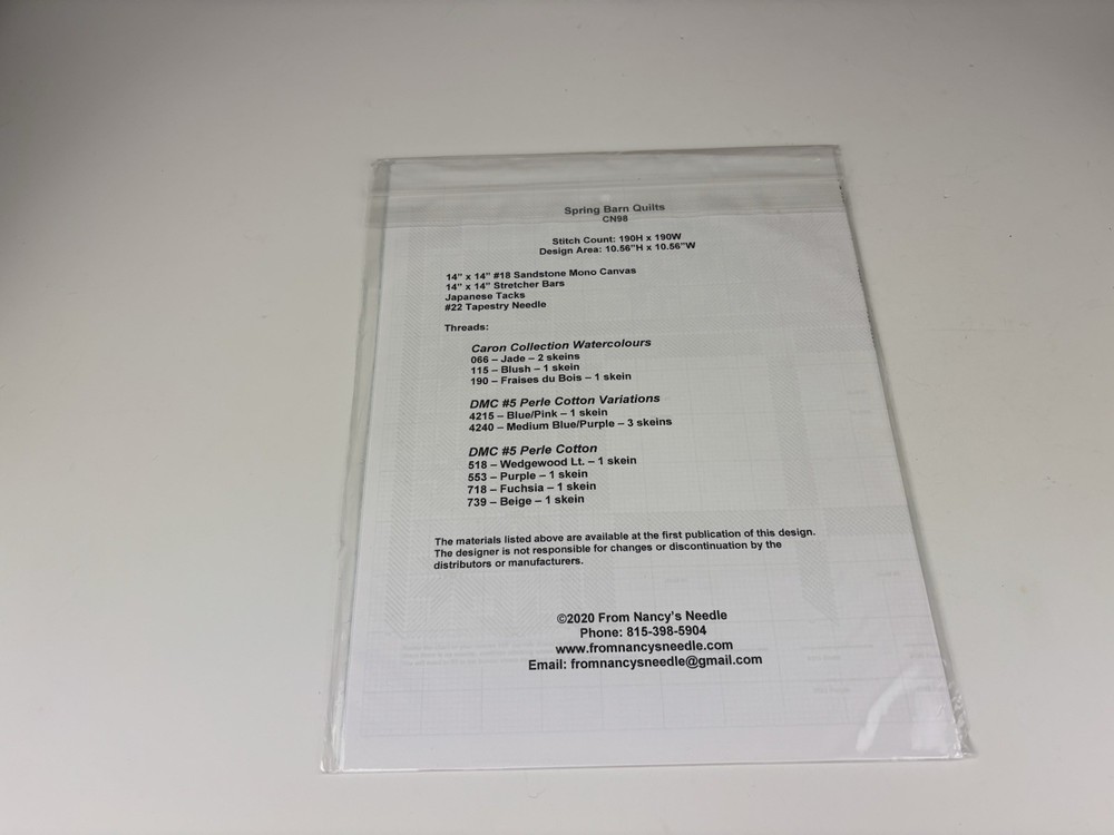 From Nancy’s Needle Spring Barn Quilts Needlepoint Pattern 1S