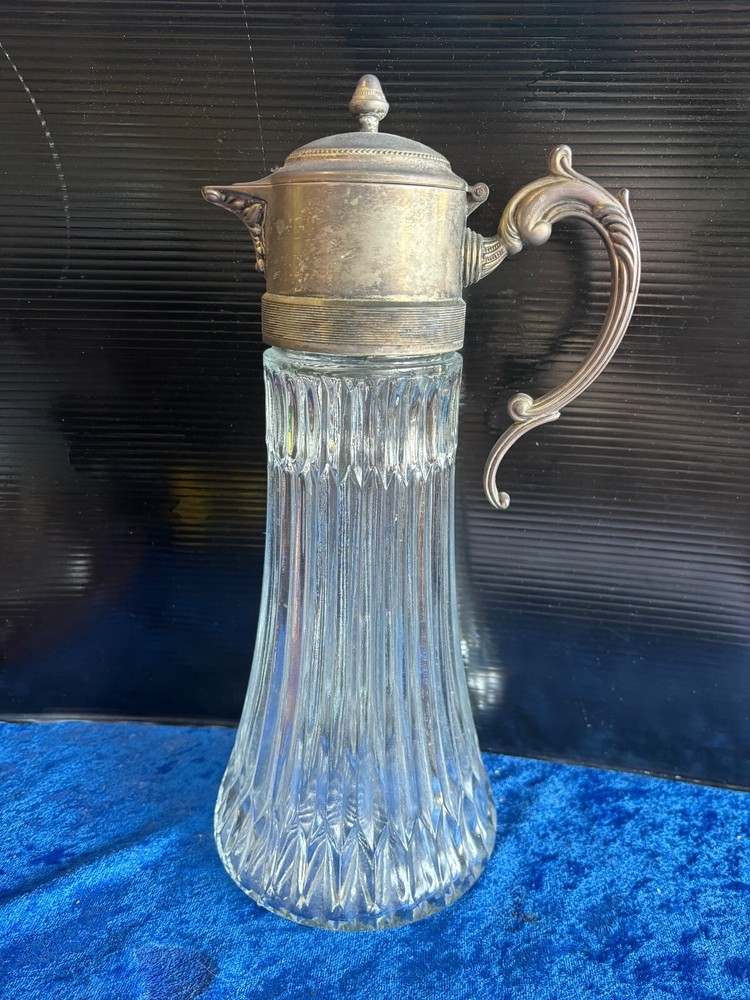 Antique Ribbed Clarot Pitcher Silver Plated Lid & Handle 14"