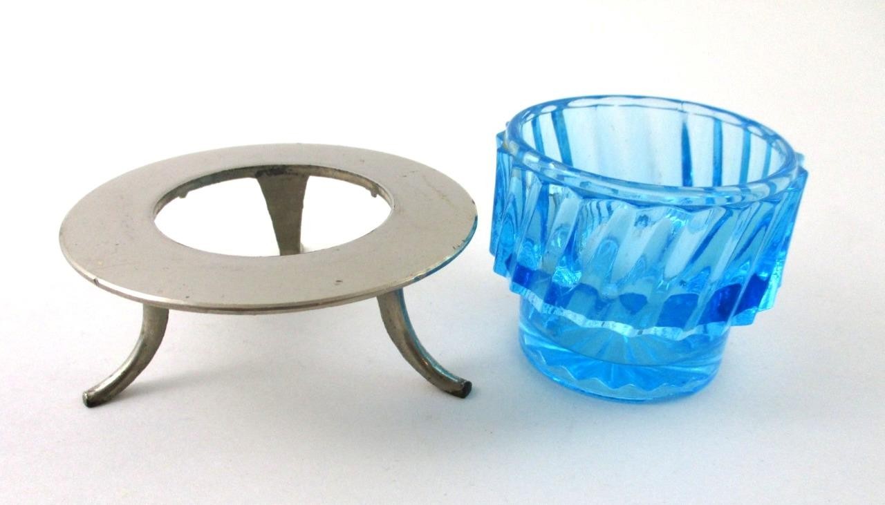 Sapphire BLUE Ribbed Swirl pressed glass OPEN SALT, Footed Metal STAND - GERMANY