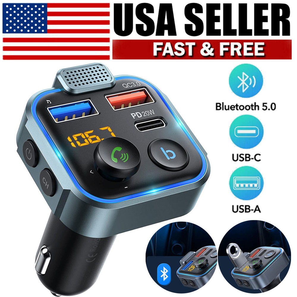 Bluetooth 5.0 Car Wireless FM Transmitter Adapter 2USB PD Charger AUX Hands-Free