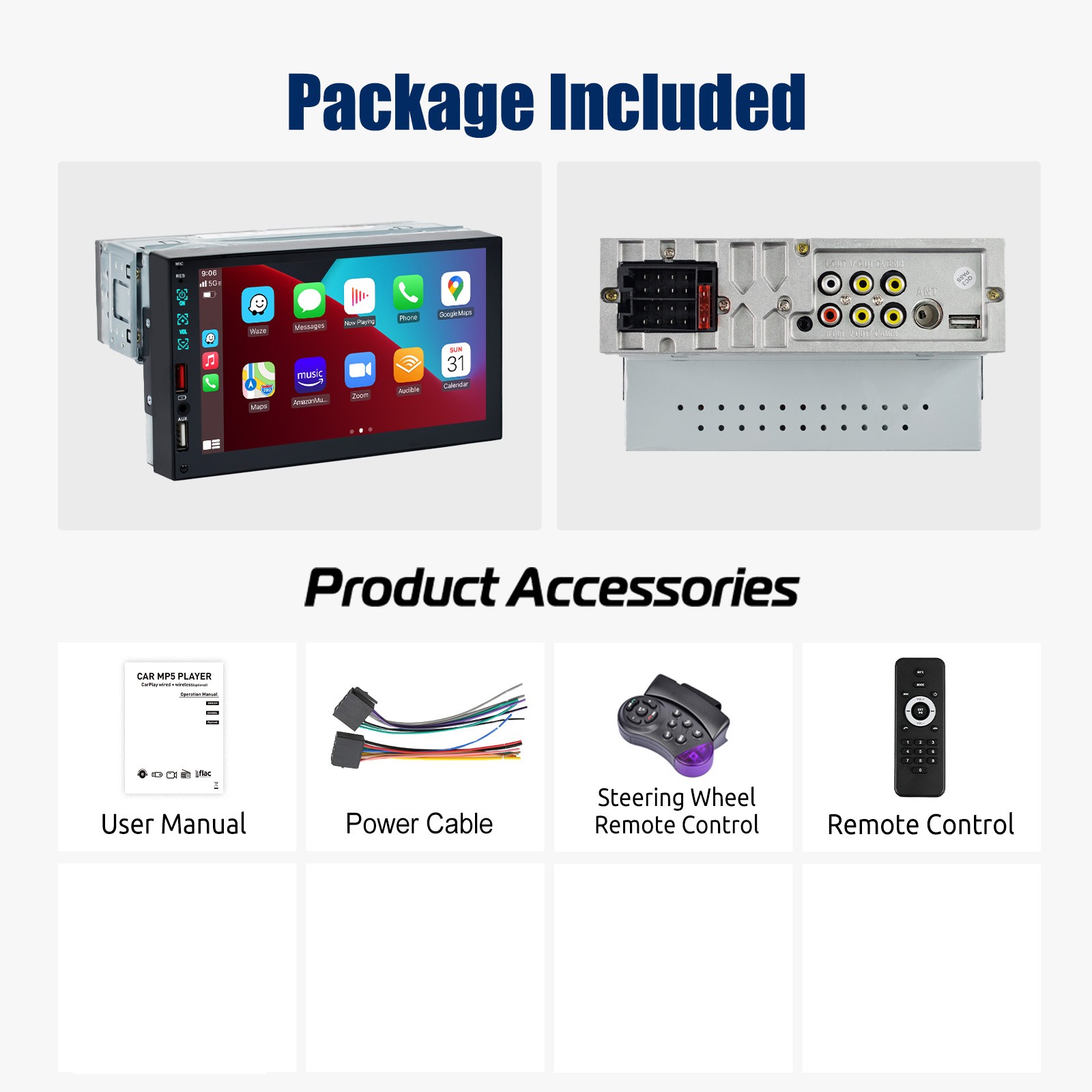 Single 1 Din Car Stereo Apple CarPlay 7" Touchscreen Bluetooth Radio SWC USB FM