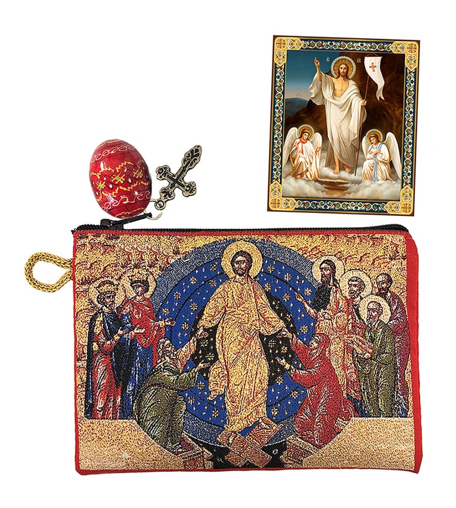 Red Pysanka Ukrainian Hand Painted Wooden Egg Resurrection Icon Tapestry Pouch