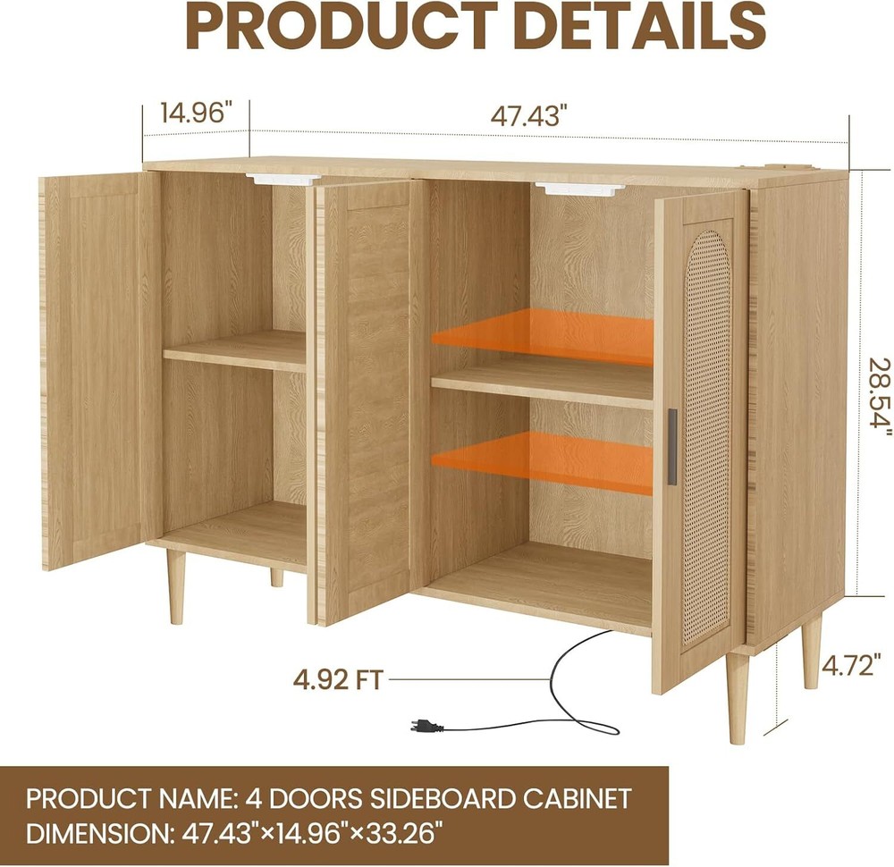 Sideboard Buffet Storage Accent Cabinet Cupboard Kitchen w/ Power Outlet