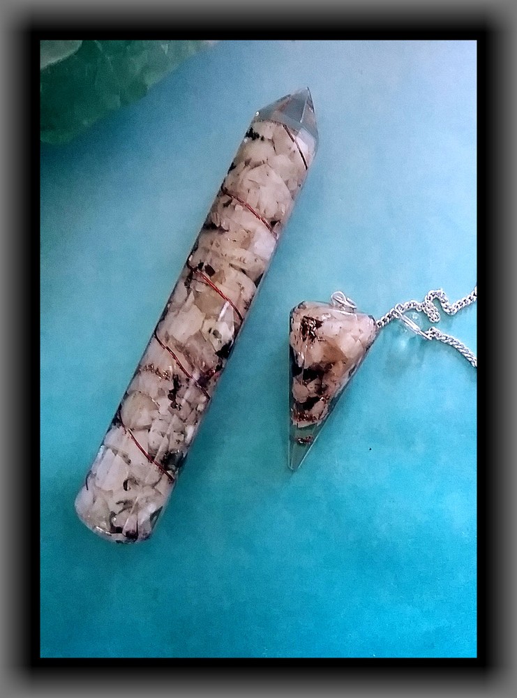 Orgone Rainbow MOONSTONE WAND With COPPER Coil and MOONSTONE DOWSING PENDULUM