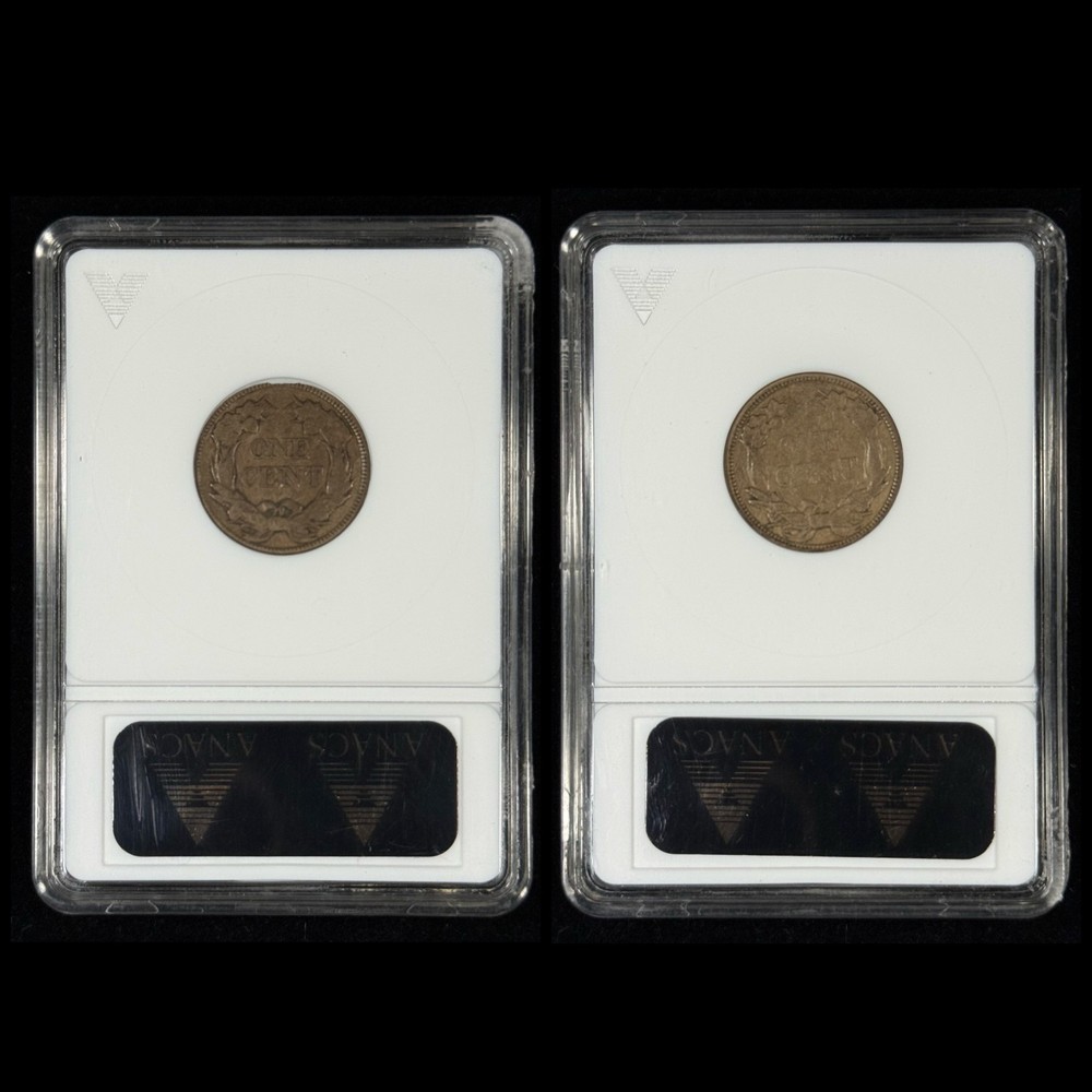 1857 & 1858 1C VF35 Flying Eagle Cent - Consecutive Serial Numbers ANACS Soapbox