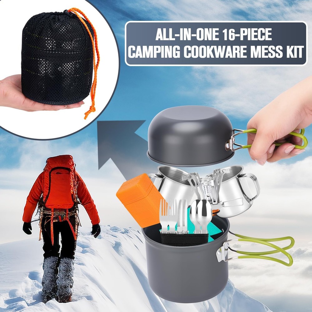 Camping Cookware Set, 16pcs Lightweight Backpacking Mess Kit with Camping Pot...