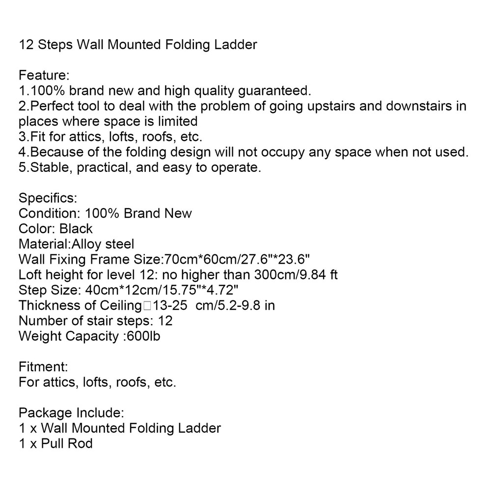 Wall Mounted Folding Ladder Black Loft Attic Stairs Pull down 12 Steps👍