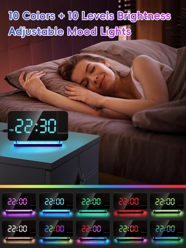 Projection Alarm Clock, Digital Clock with 180° Rotatable 3-Level Brightness