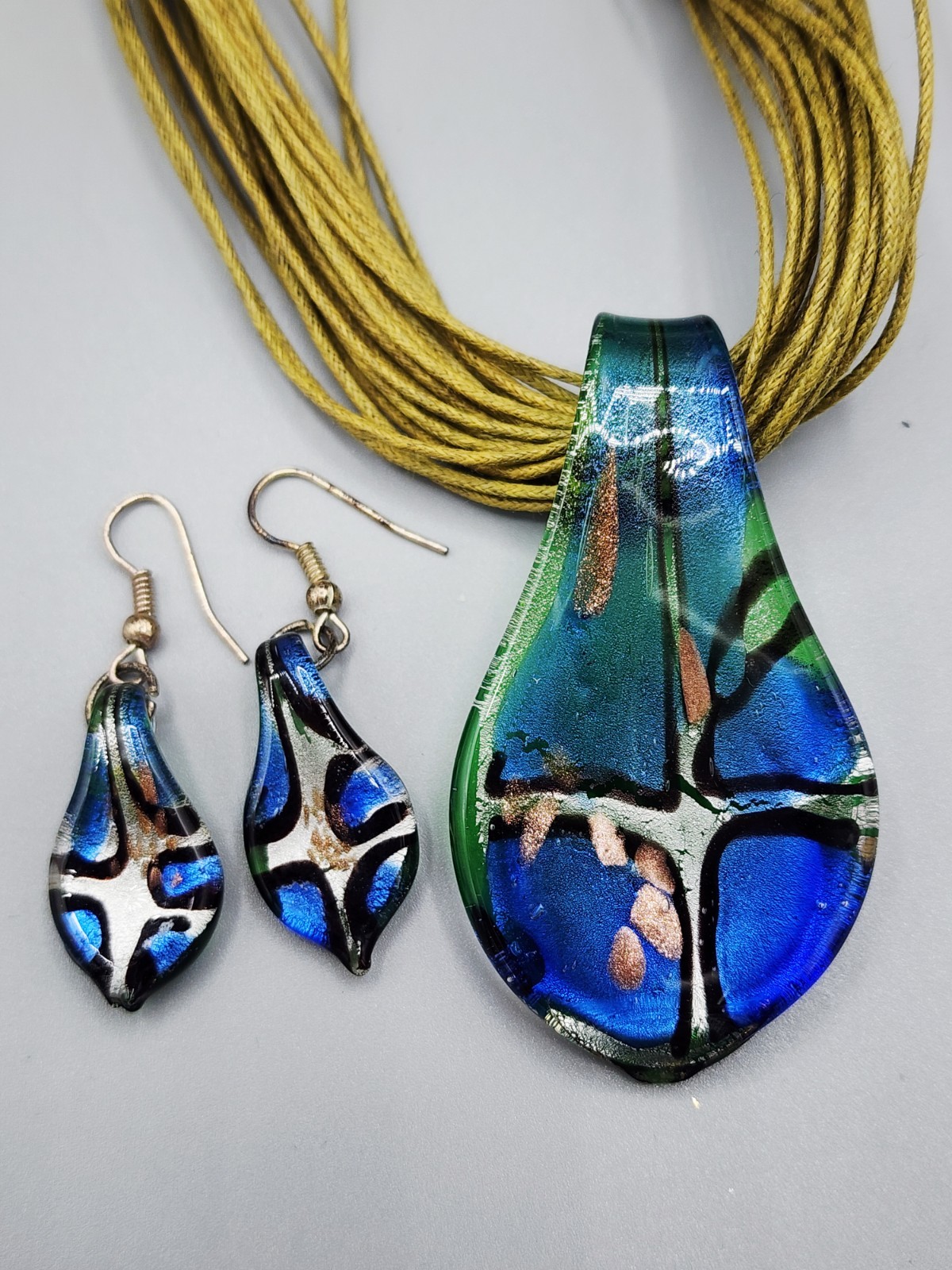 Murano Art Glass Jewelry Bundle Pendant Necklace Earrings Blue Silver Tone