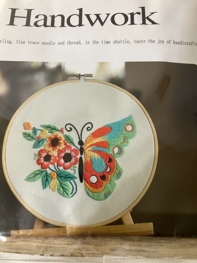 3 Handwork embroidery kits Butterfly, Dance, Fly, Float, hoops, thread, tools