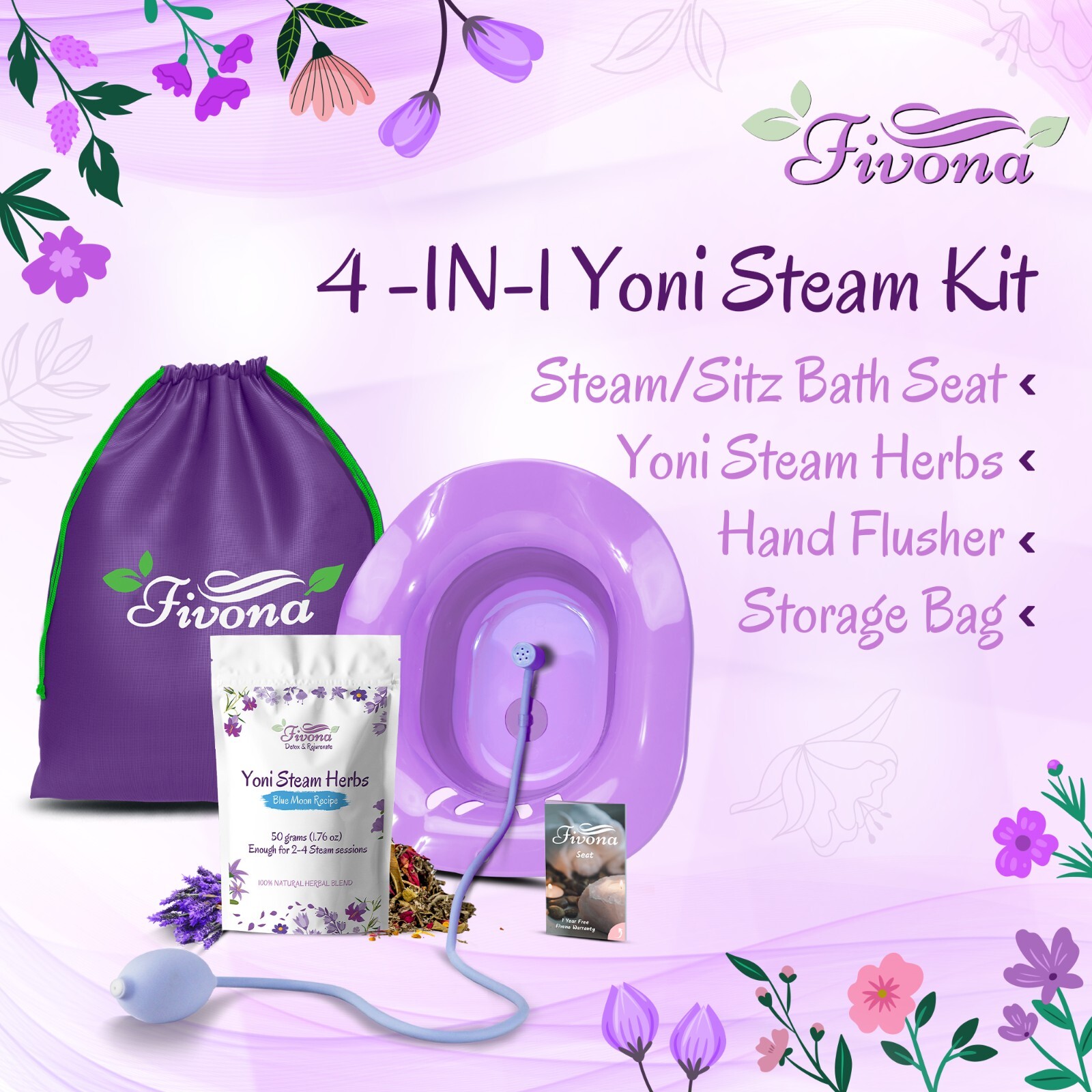 Fivona Yoni Steam Kit 4-in-1 Seat with Hand Pump, Bag and Blue Moon Recipe Herbs
