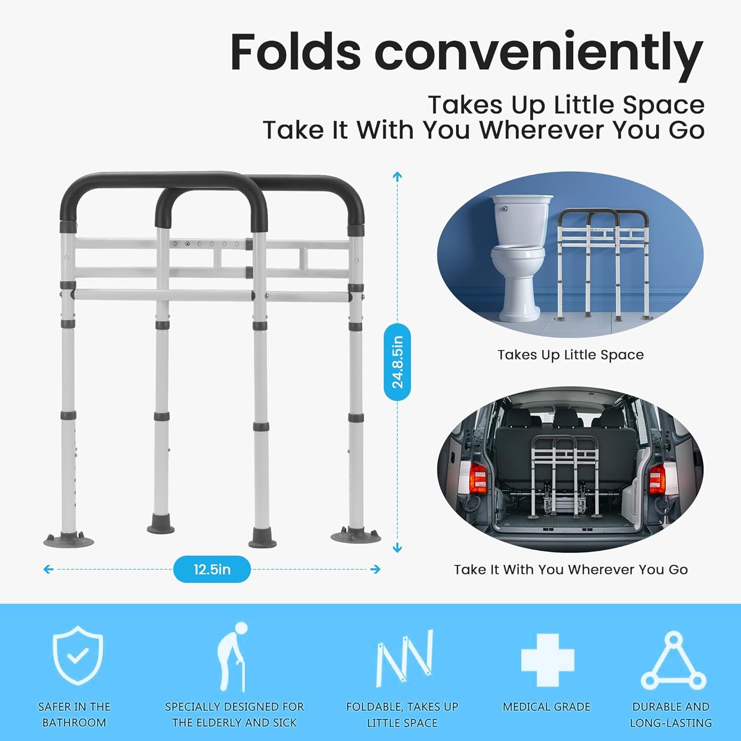 Toilet Frame for Seniors, Elderly & Disabled, Toilet Rails Adjustable, Foldable