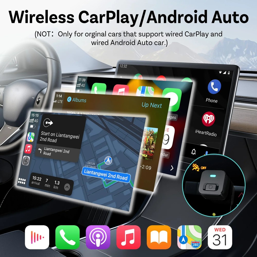 OTTOCAST Mini Dot Cube Wireless CarPlay Android Auto Adapter 2 in 1 USB AI Car A