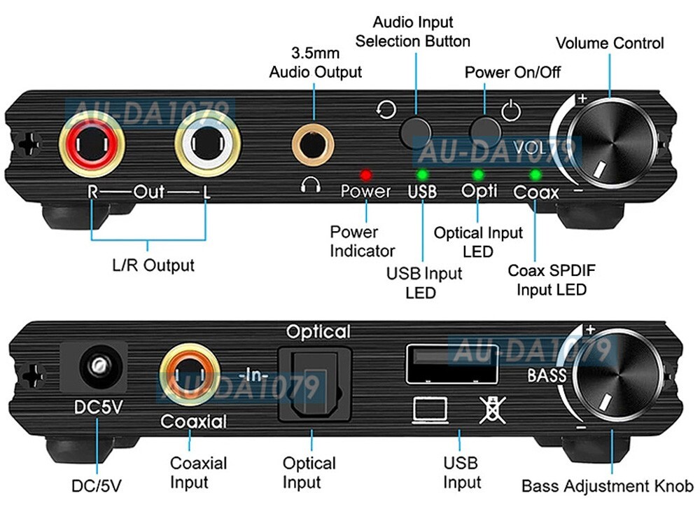 Premium Digital To Analog Audio Decoder Volume Bass Control Dial USB Sound Card