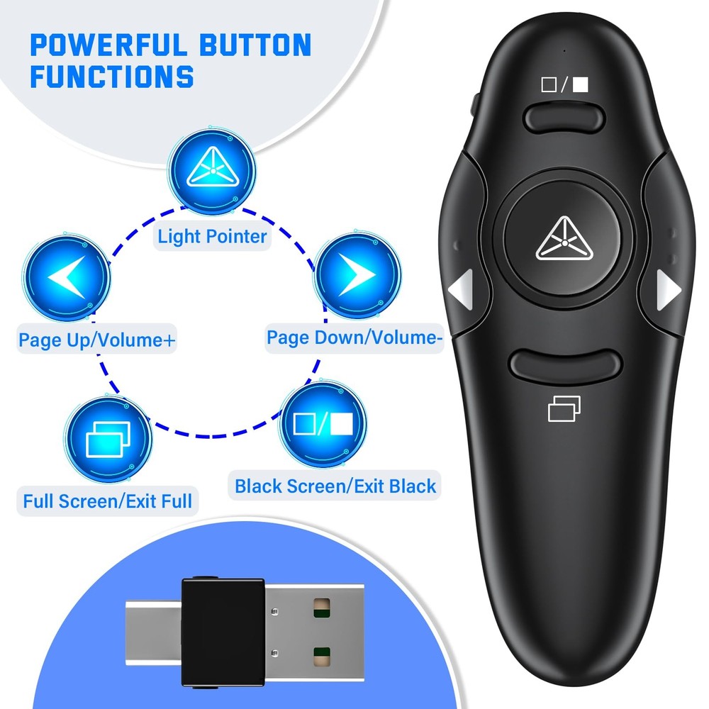 2-in-1 USB Type C Presentation Clicker Wireless Presenter Remote with Laser P...