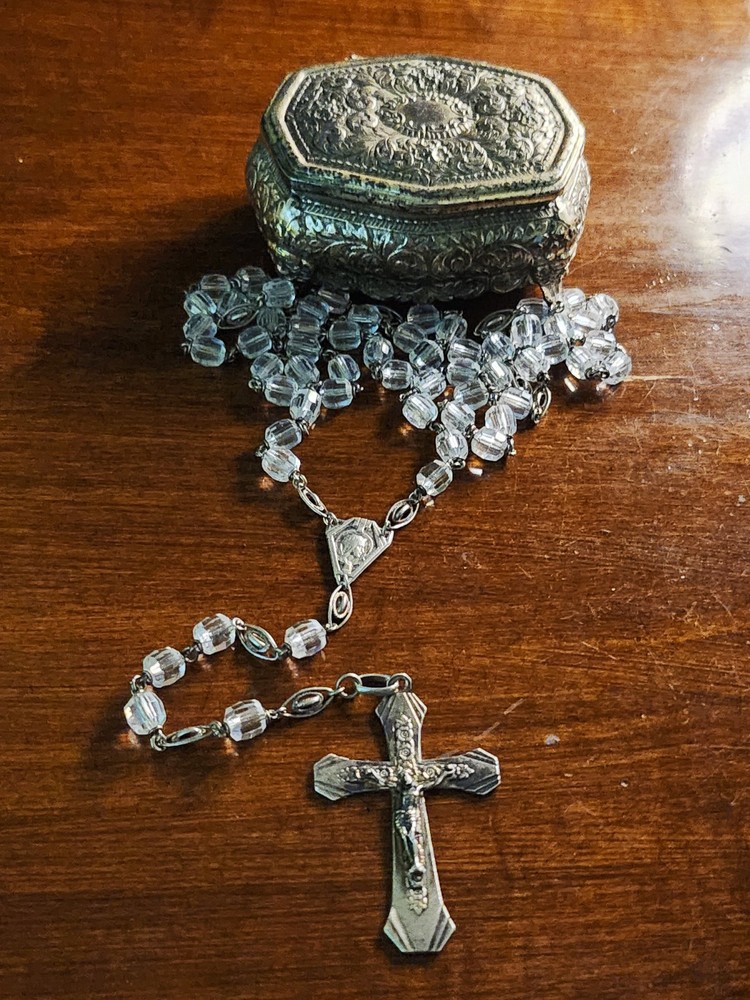 Vintage MCM Sterling Silver Hallmarked Clear Glass Rosary & Vtg Silver Plate Box