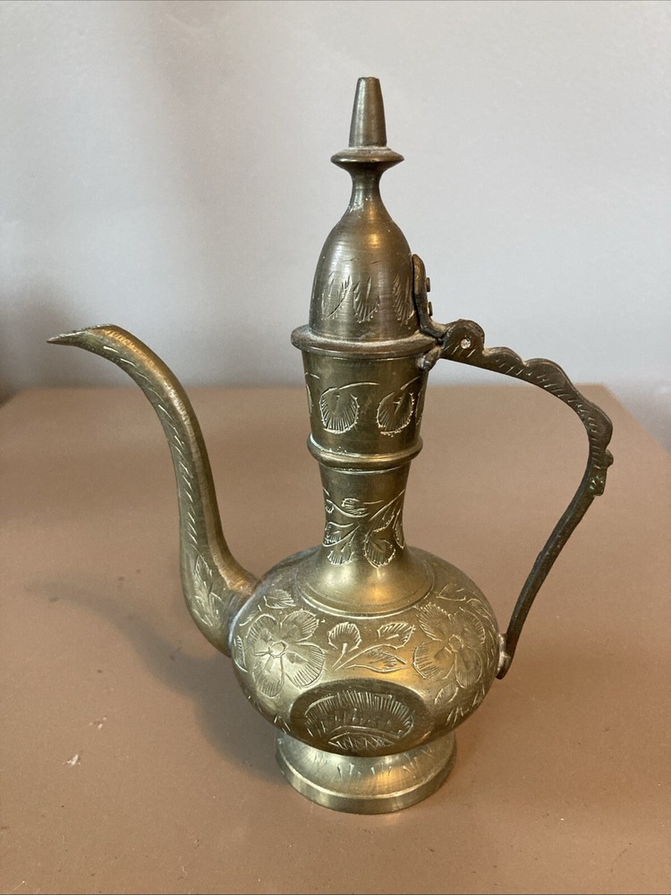 Pair 2 Indian Middle Eastern Etched Dallah Brass Coffee Pots