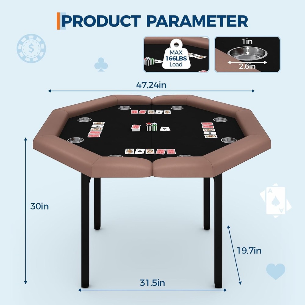 Complete 8-Player Poker Set: Foldable Octagon Table W/ Padded Rail & Cup Holder
