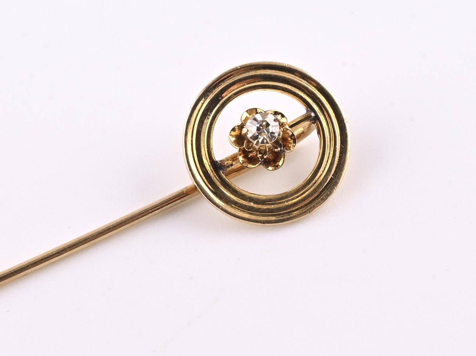Antique 10K Yellow Gold Diamond Stick Pin Hat Lapel Tie Pin 2.25” Estate Jewelry