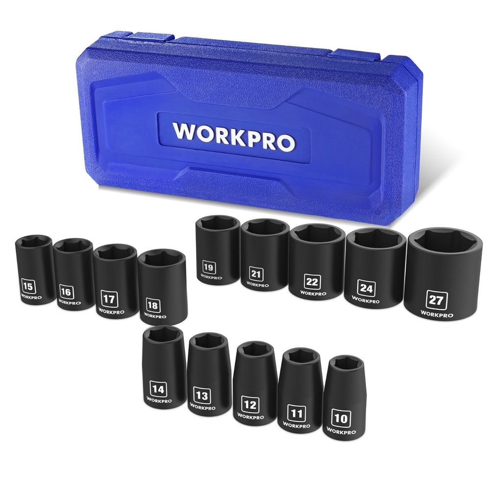 WORKPRO 1/2”Drive Shallow Impact Socket Set Metric Cr-V Steel 6-Point Socket Set