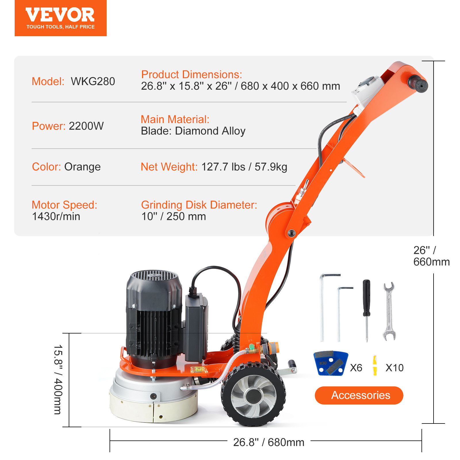 VEVOR Concrete Floor Grinder 10" Walk-Behind Polisher 1.7HP Adjustable Machine