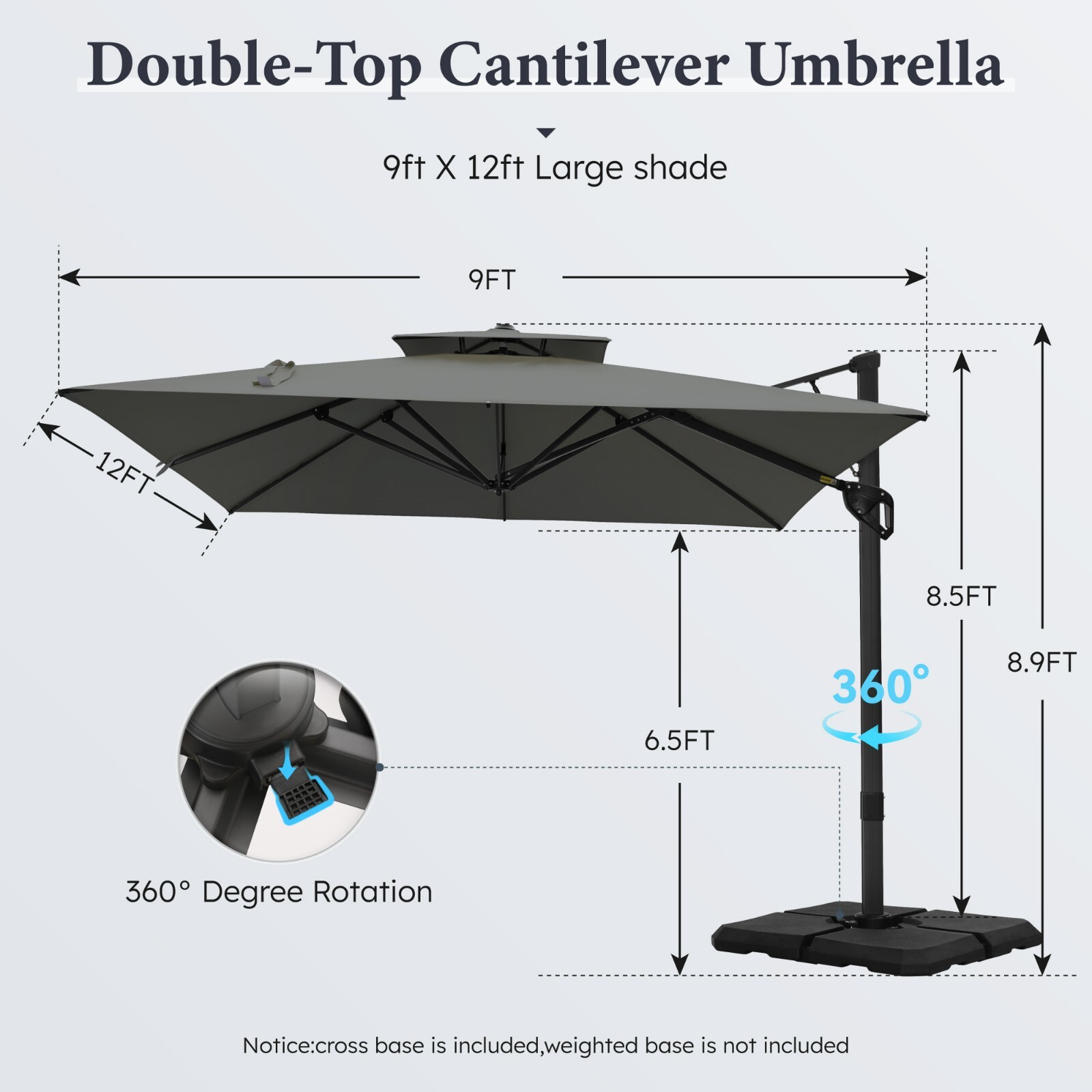 9'x 12' Cantilever Patio Umbrella Outdoor Double Top Large Umbrella with Base