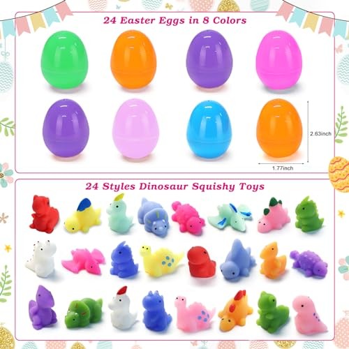 24 Pack Easter Filled Eggs with Squishy Toys Inside, Dinosaur Squishies for