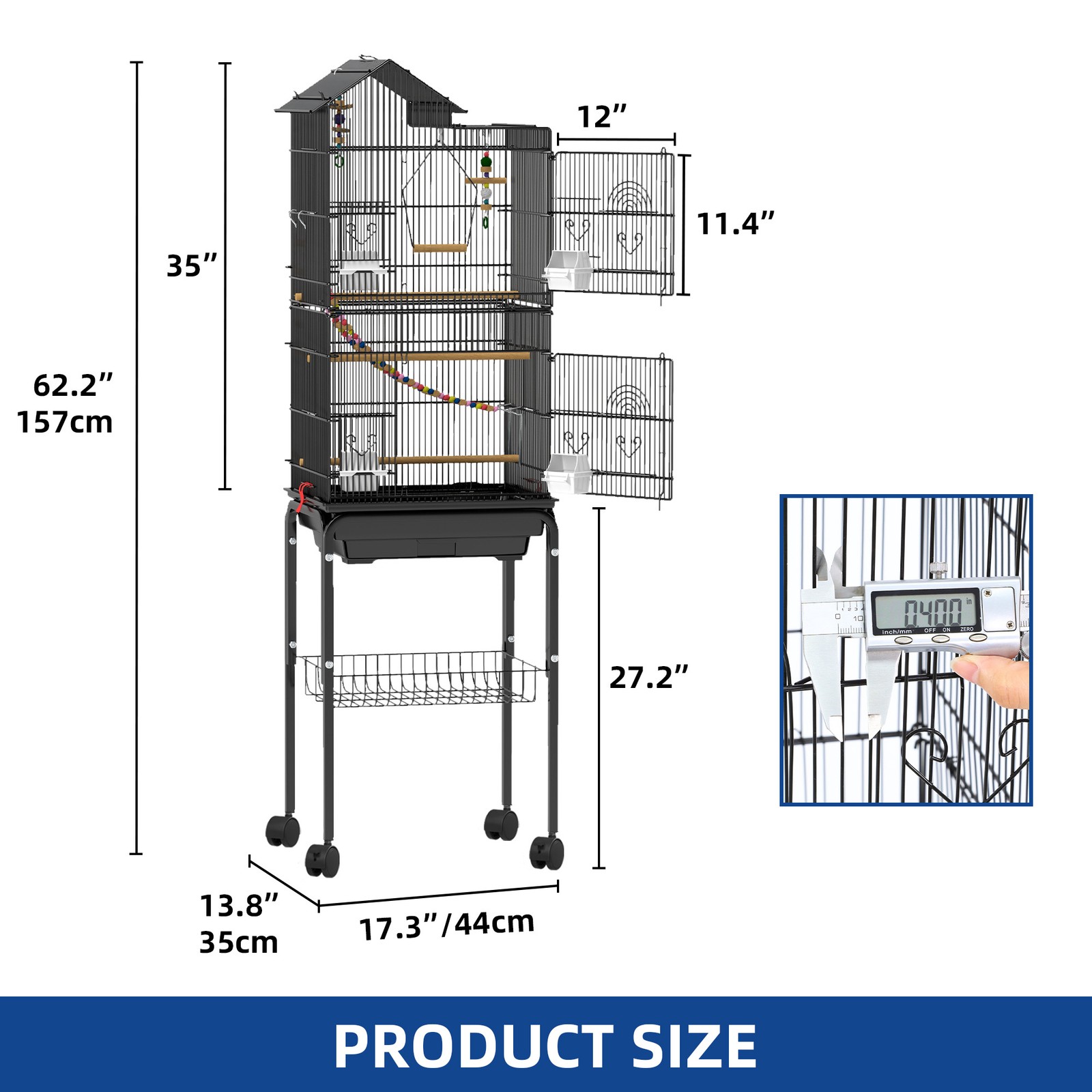 62 Inch Large Spacious Bird Cage​ ​Metal Flight Cage​ with ​Rolling Stand Black