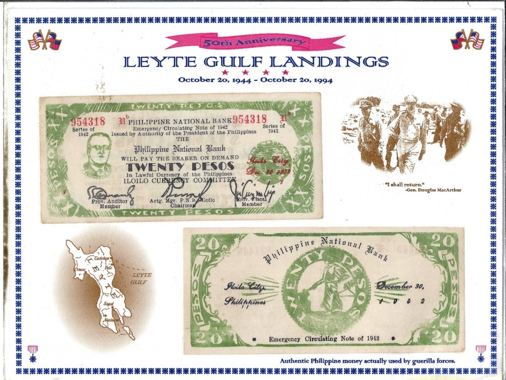 20 Twenty Peso 1942 US Philippines WW2 Iloilo Emergency Bank Note Laminated Set