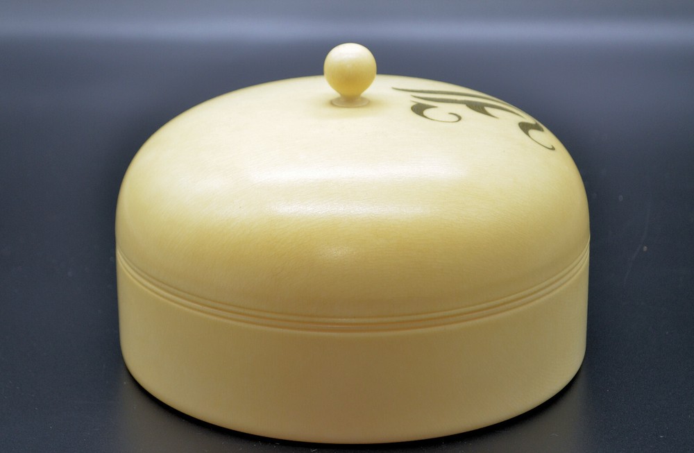 French Ivory Celluloid Powder Box Monogrammed E 5” Tall B-1