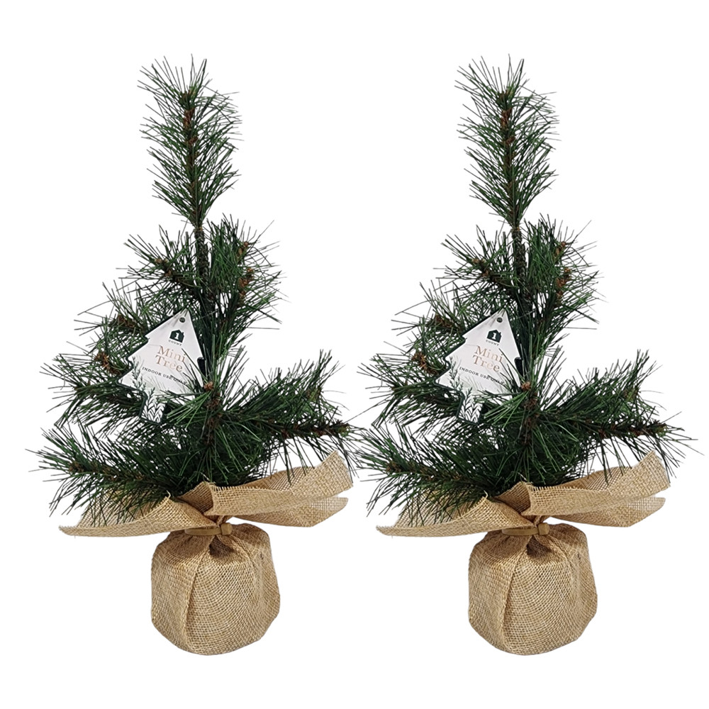 Mini Artificial Pine Tree Sapling 12" Faux Burlap Wrapped Base 2 Pk
