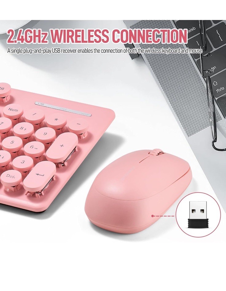 Wireless Keyboard and Mouse Combo, Full Size Compact Quiet Wireless Pink