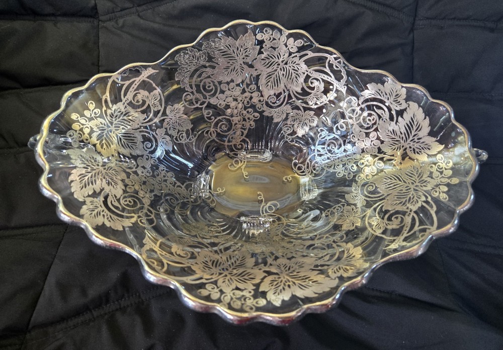 Vintage Silver Overlay Fruit Bowl with Grapevine Pattern, BEAUTIFUL! 1930's
