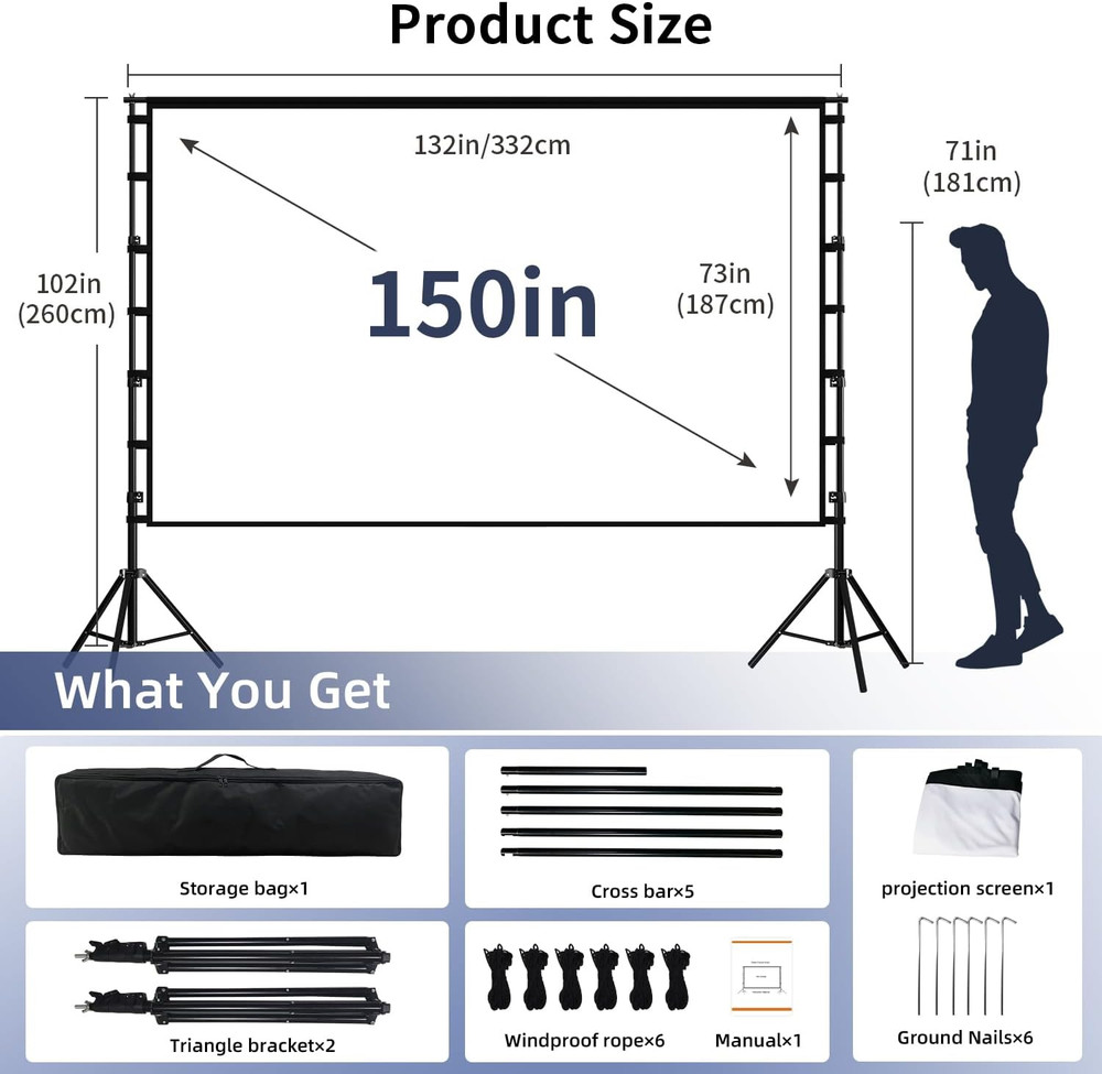 Projector Screen with Stand, 150 Inch Portable and Foldable Projection Screen 4